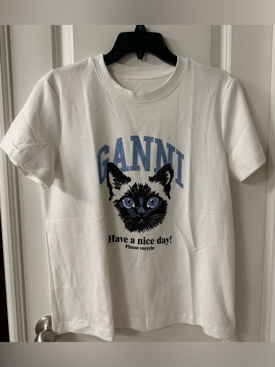 Ganni Tops - Ganni White Short-Sleeve Tee with Blue & Black Cat Graphic